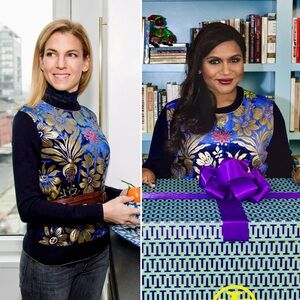 Tory Burch Hollis Cosmic Floral Velvet Foiled Gold Metallic Sweater Navy Blue S